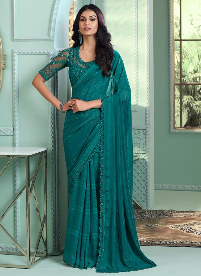 Chiffon Green Party Wear Embroidery Work Saree